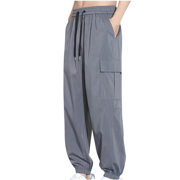 HOOMEUMY Men's Straight Leg Drawstring Breathable Casual Basic Joggers with Pockets Lightweight Loose Fit Long Pants Gray L