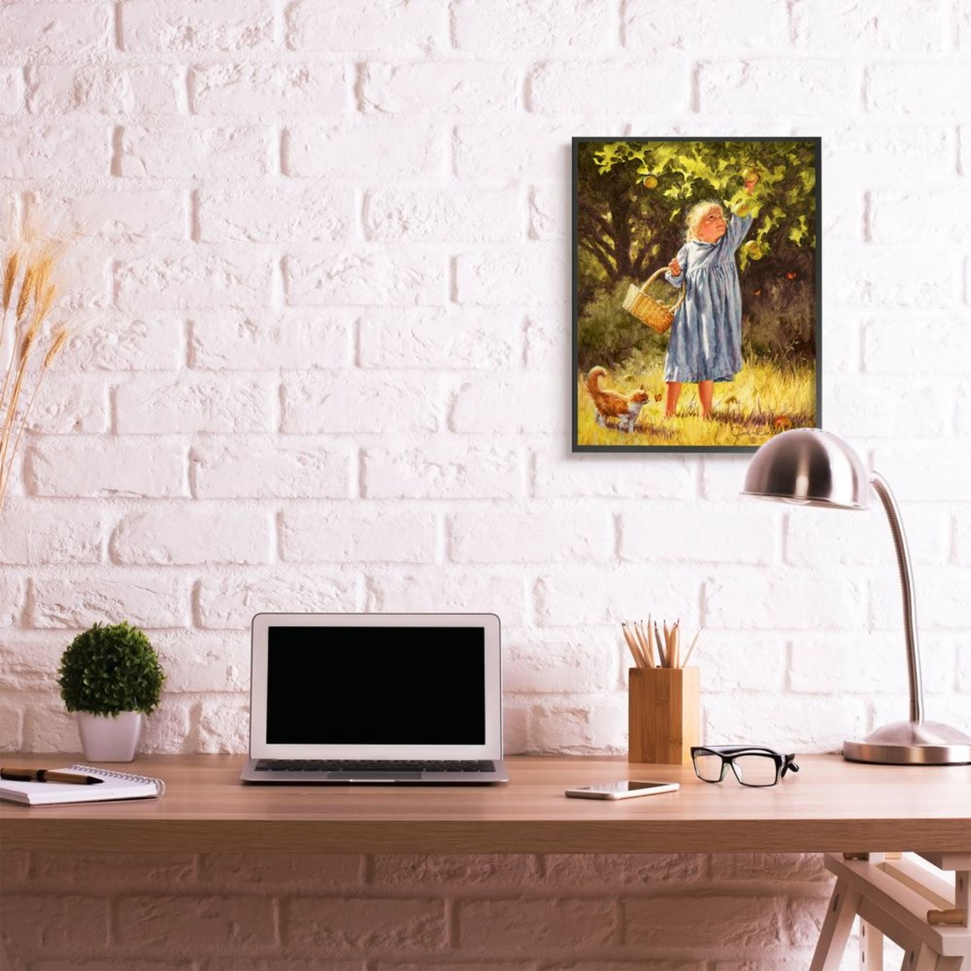 Stupell Industries Country Girl Reaching for Apple with Cat Design by Jim Daly