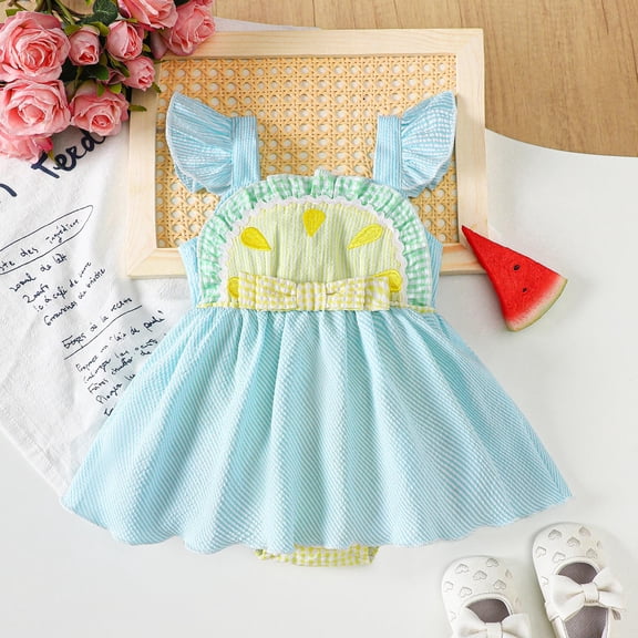 Newborn Onesies Boy Infant Girls Fly Sleeve Watermelon Plaid Romper Dress Girls Romper Blue 6-12 Months