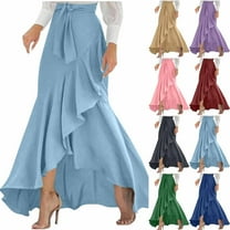 QATAINLAV Women's Elegant Wrap Maxi Skirt Tied High Waisted Asymmetrical Ruffle Hem Long Skirts Prom Party Formal Evening Clothes, Navy, L,