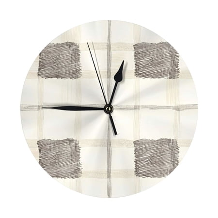 No Frame No Glass Cover Round Wall Clock 9.84in With Tripod For Office Kitchen Living Room Guest Room Dining Room Bedroom Ivory Checked Hand-Drawn Sketch_1