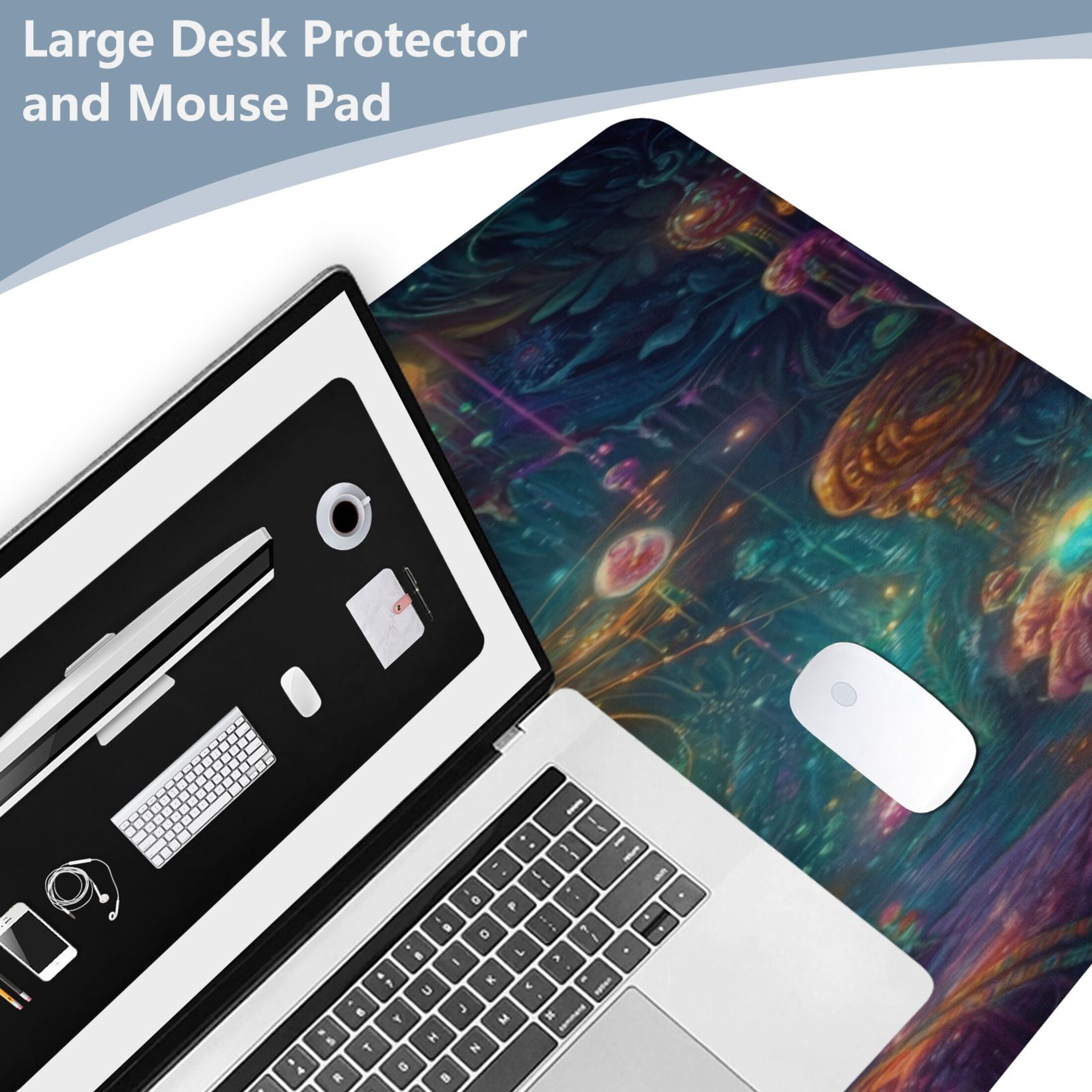 Leather Keyboard and Mouse Desk Mat Office Desk Accessories Protective Office Desk Decor Desk Pad Mat for Gaming, Work from Home, Office Mystical Cat 16.5" x 35.4"