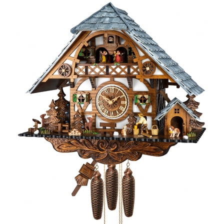 Cuckoo Clock Black Forest house with moving wood chopper and mill wheel