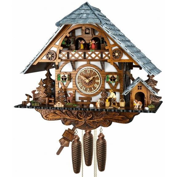Cuckoo Clock Black Forest house with moving wood chopper and mill wheel
