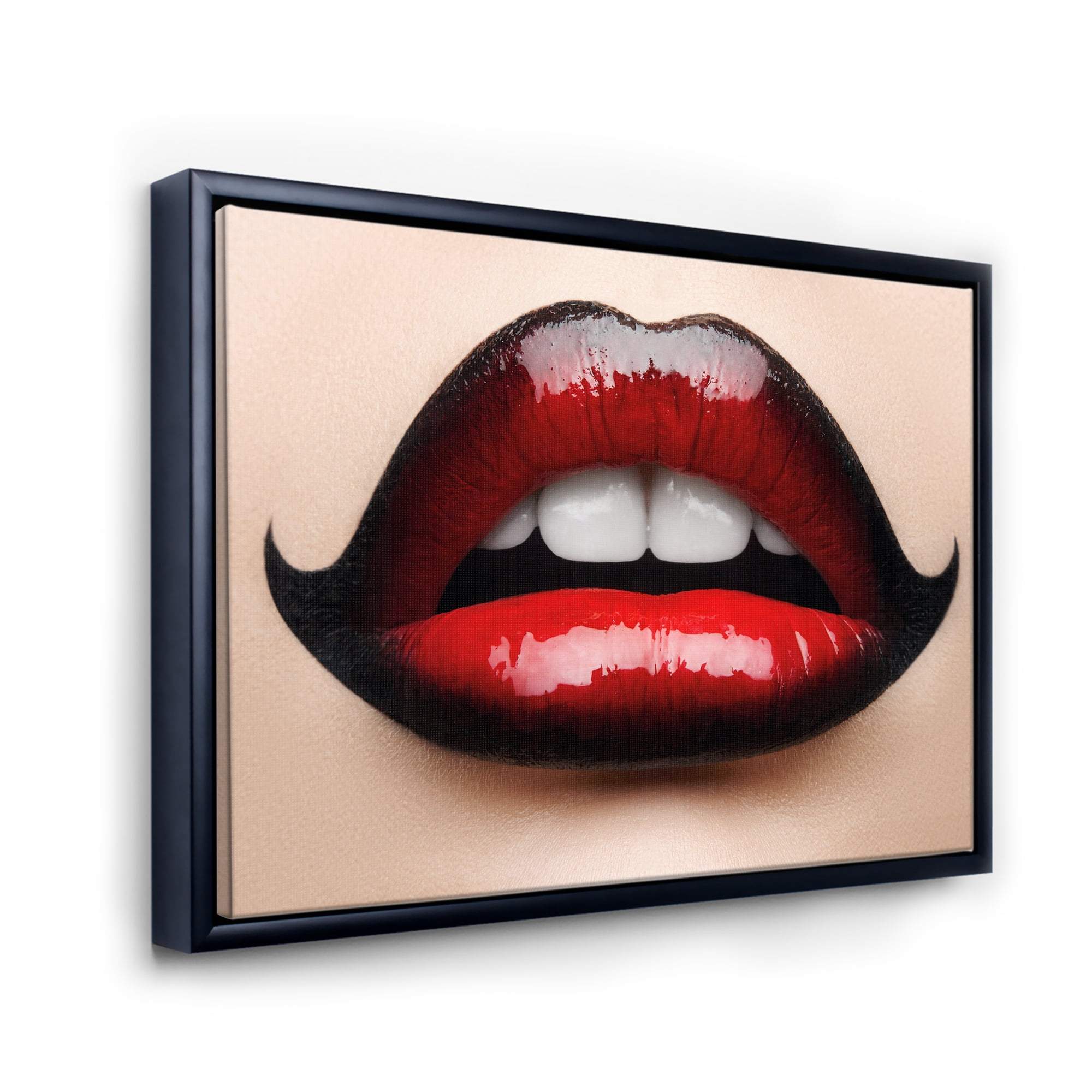 Designart 'Woman Lips With Red and Black Lipstick' Modern Framed Canvas Wall Art Print