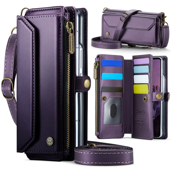 Crossbody Wallet Phone Case for Samsung Galaxy Z Fold8 Ultra, Heavy Duty PU Leather RFID Blocking Card Holder Zipper Purse with Lanyard,Purple