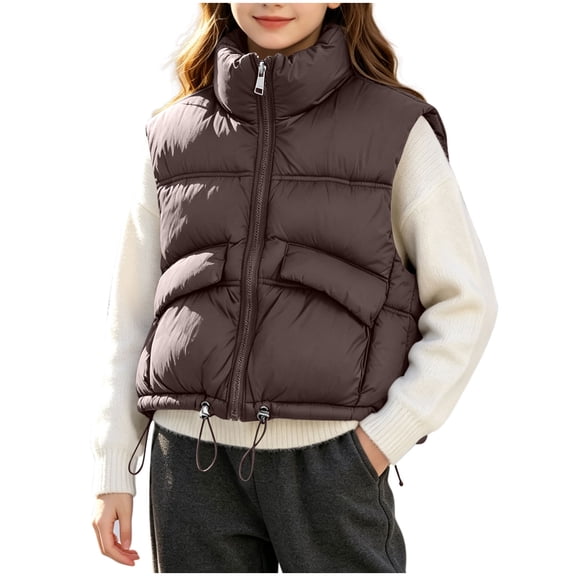 Riecok Kids Vests for Winter Sleeveless Stand Collar Zip up Quilted Cropped Jackets Thermal Warm Outerwear with Pockets Brown 4-5T