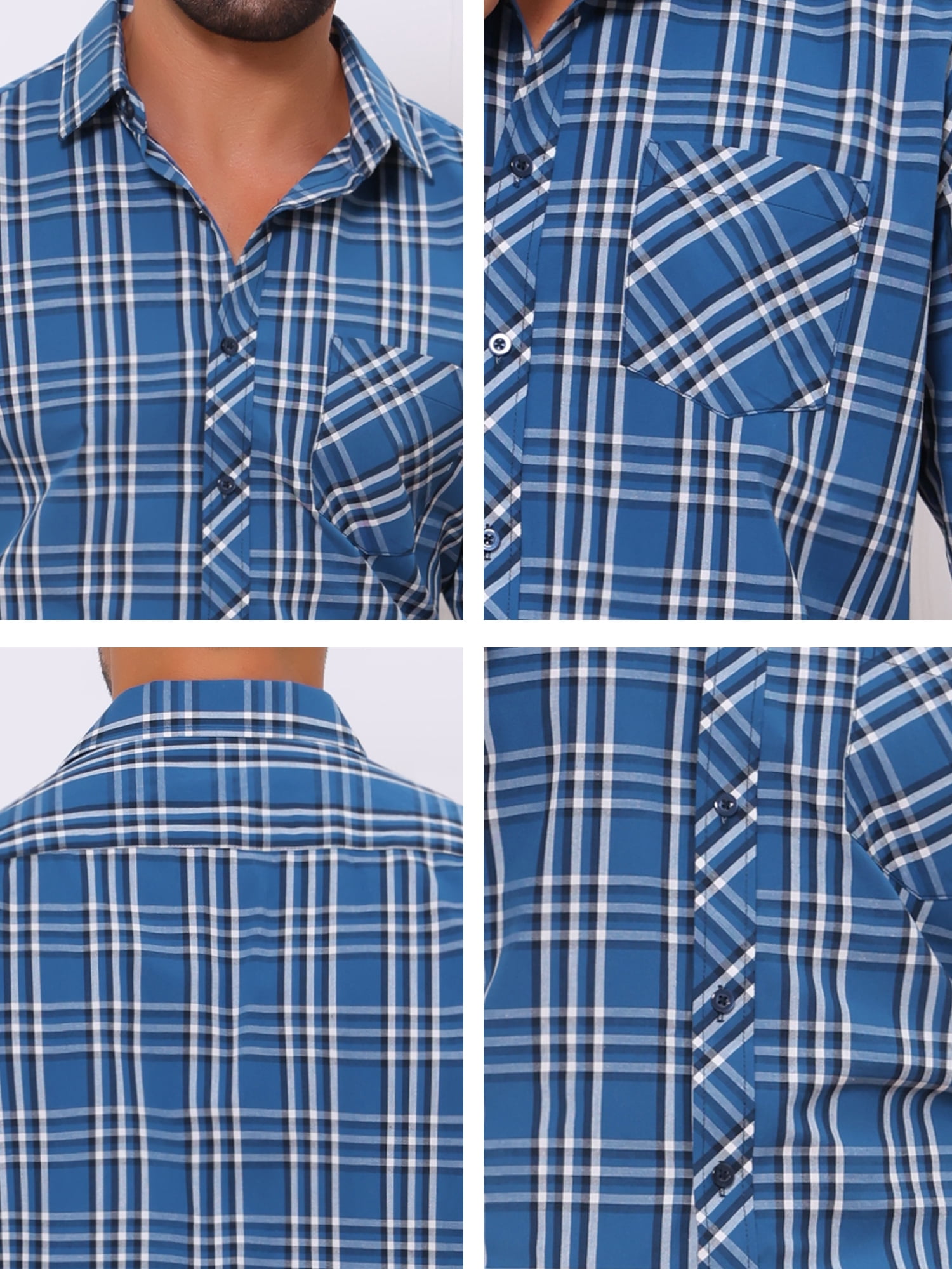 DARING DIVA Men's Long Sleeve Checked Shirt Point Collar Button Plaid Shirt S Dark Blue