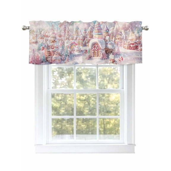 Christmas Candy Ice Cream Valances for Windows Gingerbread Castle Winter Pink Fantasy Snow Scene Rod Pocket Curtains Valance Short Window Treatment Drapes for Bedroom Bathroom 56" W x 16" L