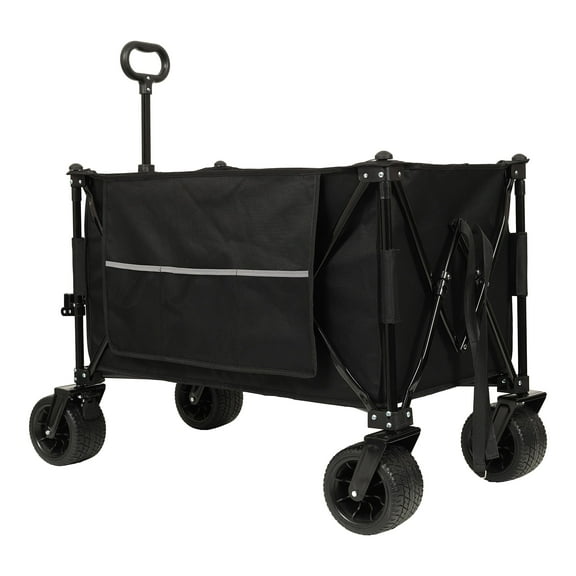 Folding Garden Carts Collapsible Foldable Extended Wagon,480lbs Weight Capacity, Heavy Duty Folding Utility Garden Cart with Big All-Terrain Beach Wheels & Drink Holders,Side Pocket and Brakes, Blac