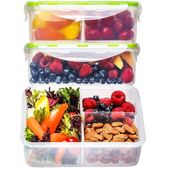 Bento Box para niños contenedores de almuerzo para adultos (paquete de 3, 39 oz) – Contenedores de preparación de comidas de 3 compartimentos con tapas – Apto para microondas, congelador y lavavajilla