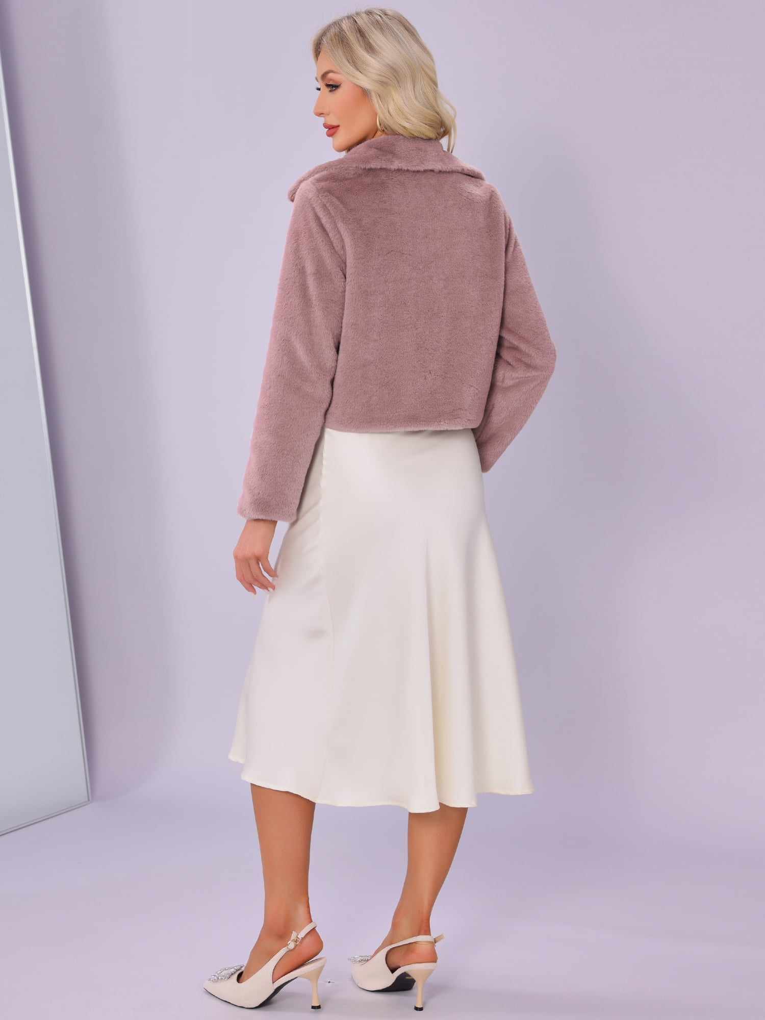 DARING DIVA Women's Dressy Faux Fur Cropped Snap Button Fluffy Jacket M Dusty Rose Pink