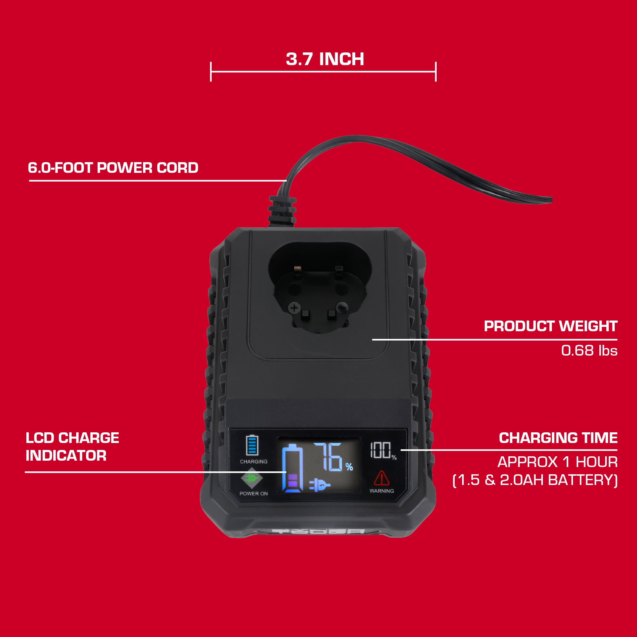 Hyper Tough 12V LCD Display Fast Charger with 2.4Ah and Charge Indicator