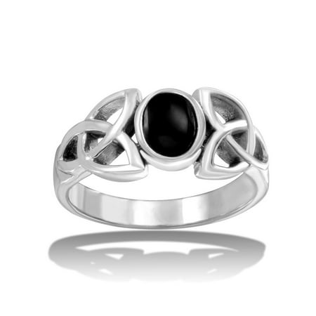 Faux Onyx Ring - Oval Simulated Onyx Wiccan Sides Ring High Polished Sterling Silver Size 8