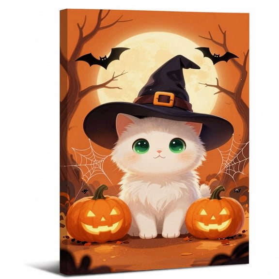 Cute White Cat Canvas Wall Art Framed,Whimsical Cat Halloween Aesthetic Landscape canvas print for bathroom bedroom or living room decor,8x12in