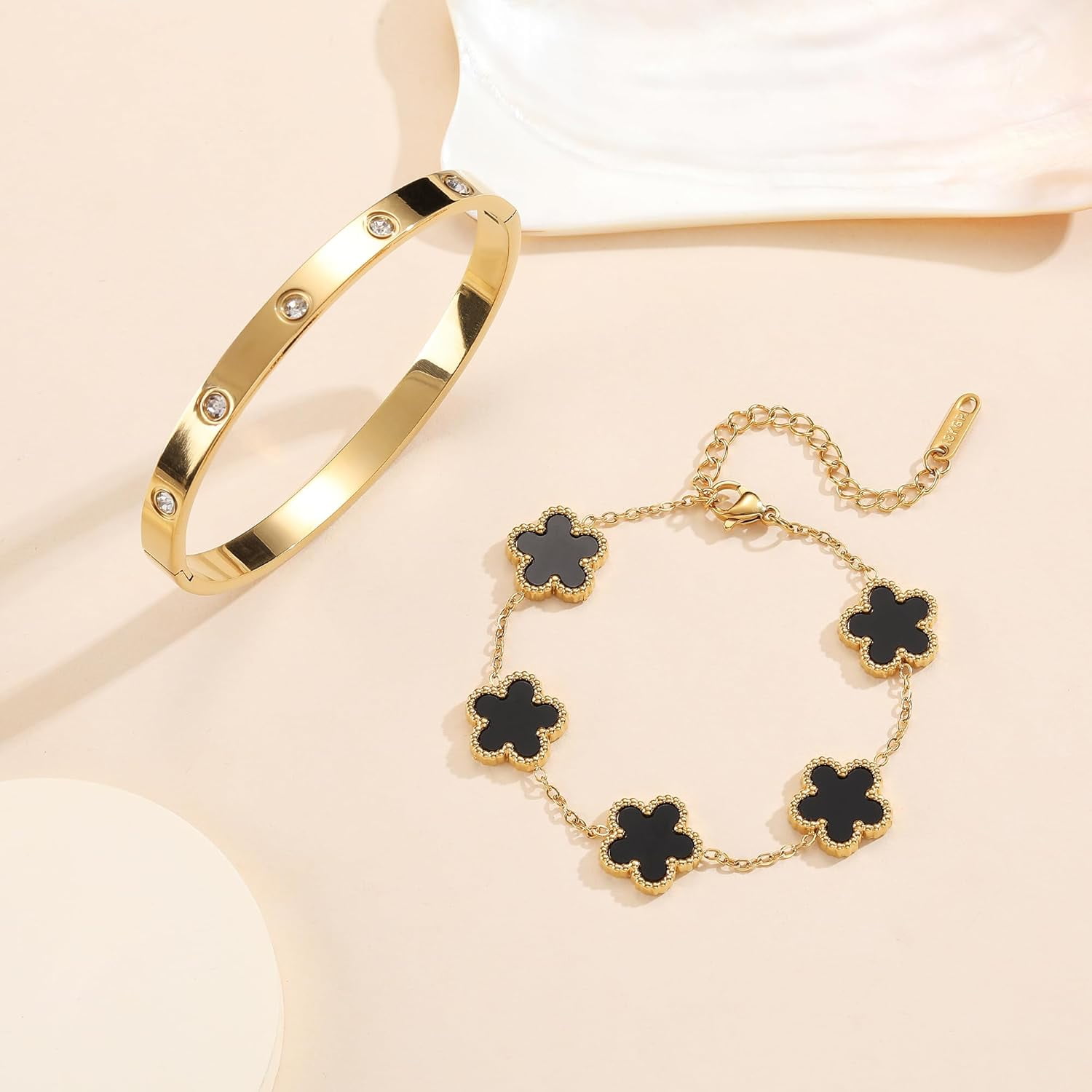 18K Gold Plated Clover Bracelet Love bangle Set for Women - Stack