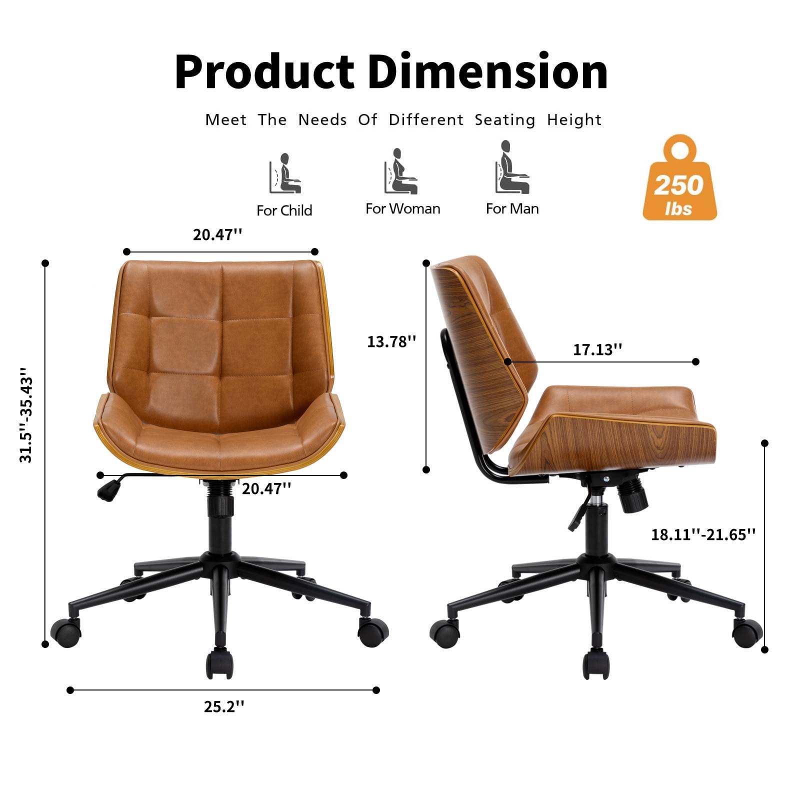 X Xishe Home Office Desk Chair with Wheels, Adjustable Height Armless Office Chair, PU Leather Mid Back 360° Small Computer Chair, Modern Chair No Arms for Office, Reading Meeting Room, Camel