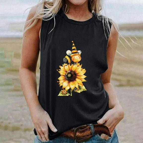 AOOCHASLIY Women's Summer Casual Print Round Neck Loose Sleeveless Tank Fashion Top