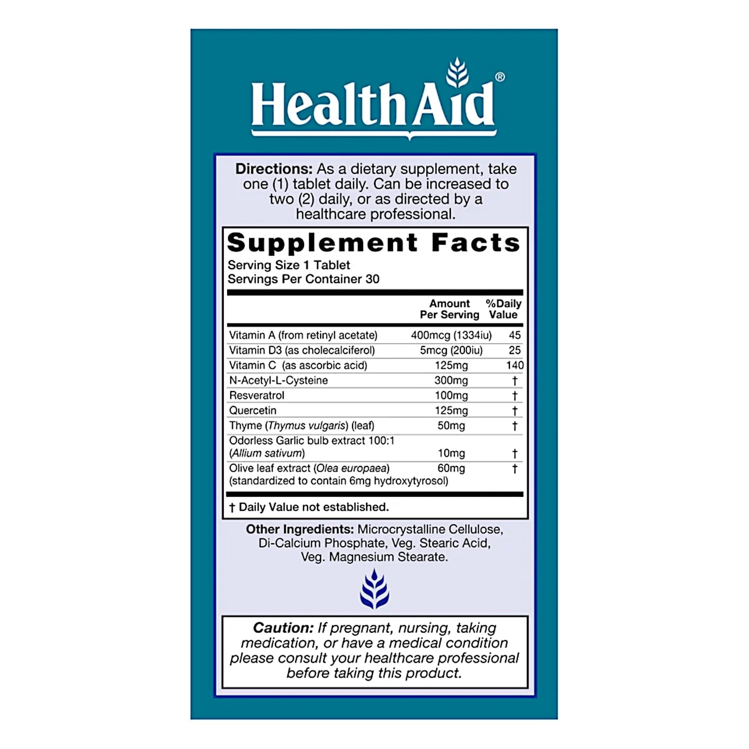 HealthAid LungForte, with NAC, Resveratrol, Thyme & Olive Leaf, Respiratory Support*, 30 Vegetarian Tablets
