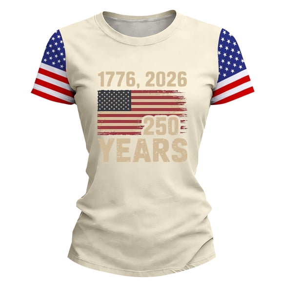 NMMUED Fourth of July Shirt Patriotic Shirts for Women Crew Neck Loose Fit 250th Birthday Independence Day Shirt Summer Tops Patriotic Clothes Beige L