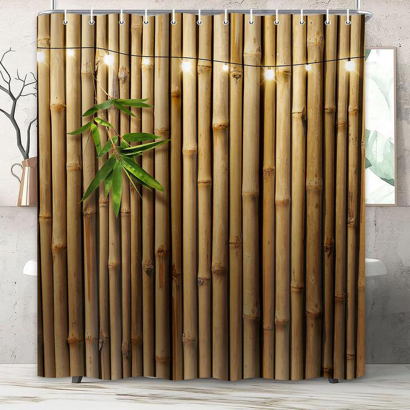 Bamboo Shower Curtain, Japanese 3D Shower Curtain Set for Bathroom, Nature Zen with Lights Fabric Shower Curtain Restroom Bathtub Decor Accessories with Hooks 72X 75 inch