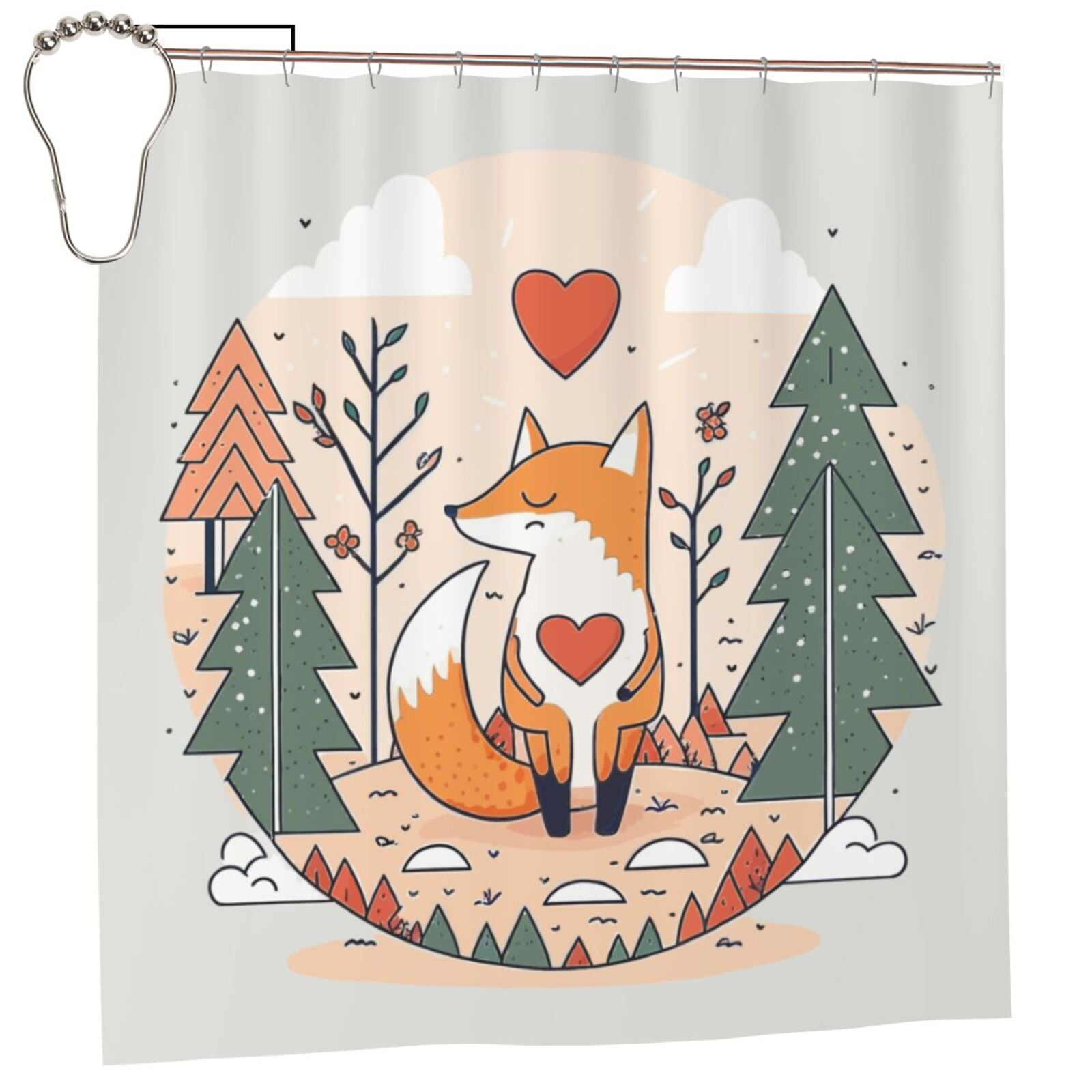 Polyester Fiber Shower Curtain, Love Happy Little Fox Shower Curtain