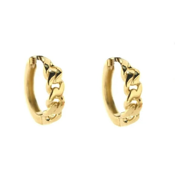 18K Solid Yellow Gold Mini Curb Chain Design Huggie Hinge  Hoop Earrings