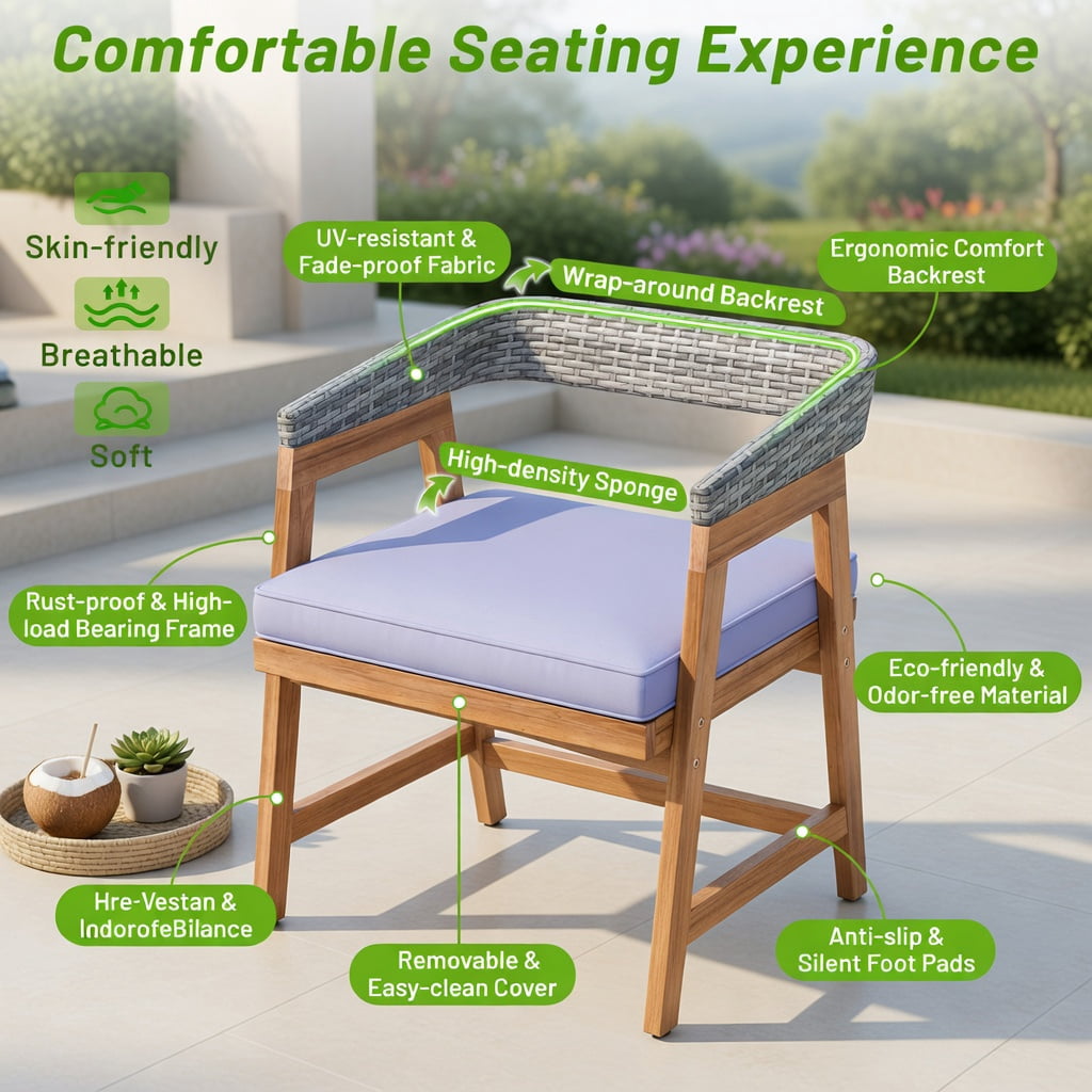 Hommoo 4-Piece Outdoor Dining Chair Set, Acacia Wood Frame with PE Rattan Weave & Cushions for Patio, Backyard, Poolside, Ergonomic Design, Gray