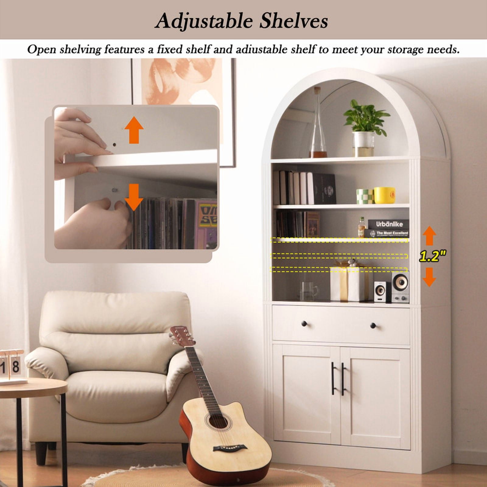 Arched Display Bookshelf with Adjustable Shelves, Kitchen Pantry Storage Cabinet with Drawer, Freestanding Cupboard