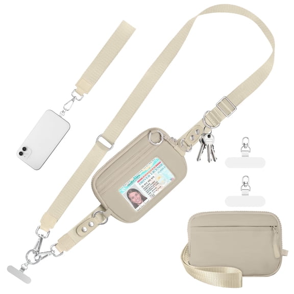 Cysiyu Clip and Go Strap for Phone with Wallet Crossbody Phone Lanyard Adjustable and Detachable RFID Wristlet Wallet with ID Window and Zipper,Khaki
