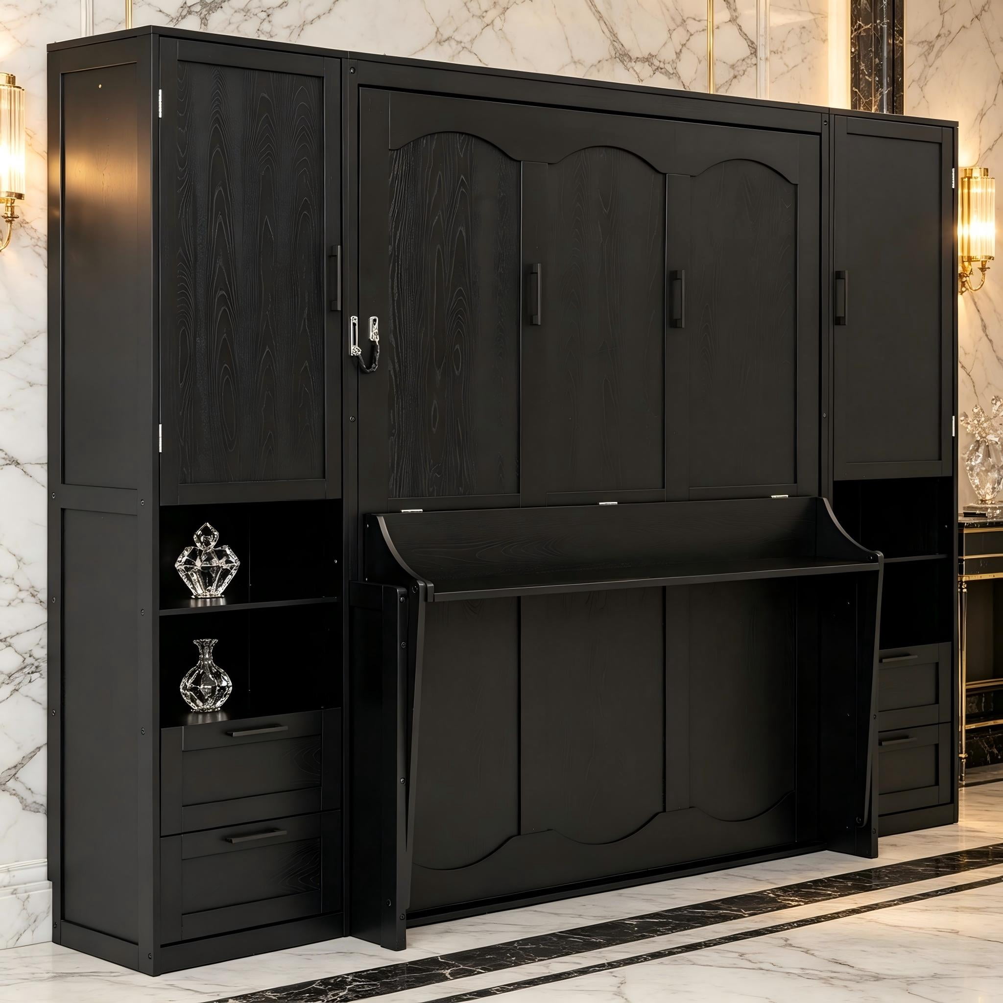 Aukfa Queen Size Murphy Bed with Closet, Desk, Drawers & Shelves, Space-Saving Wall Bed Cabinet for Small Spaces, Studio, Home Office & Guest Room, Black
