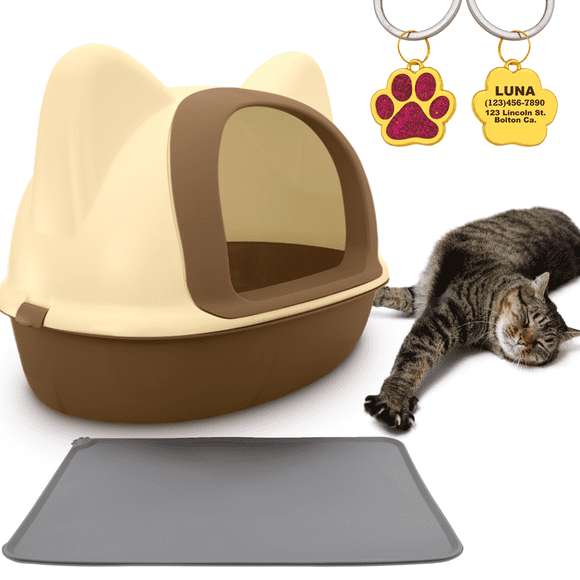 KE WOOW Arenero para Gato Grande con Orejas, Cerrado, Cama para Gato,, Cama para Perro, Caja de Arena para Gatos con Pala, Puerta Frontal, Cat Litter Placa para gato y tapete de silicon, color Café KE WOOW Arenero cara de gato