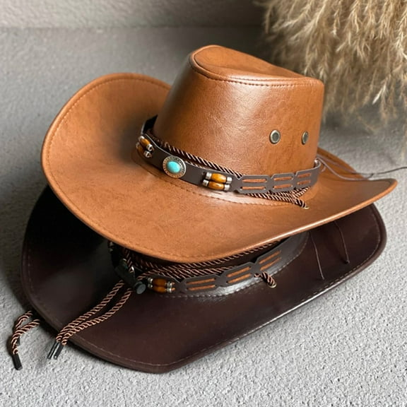 Trayknick Retro Ethnic Style Faux Leather Western Cowboy Hat with Belt Decor - Adjustable Vintage Gentleman Dress Hat