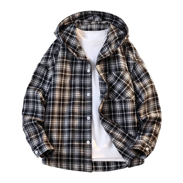 Kalauyu Men's Button Down Shirts Long Sleeve Lightweight Plaid Hooded Flannel Shirt Fall Tops