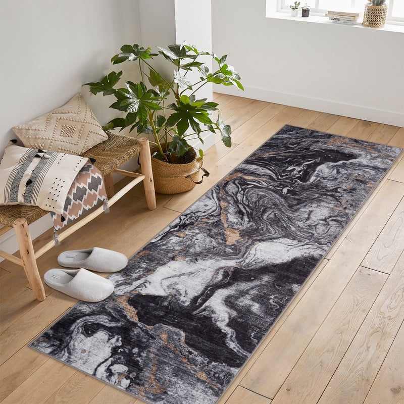 2'x6' Runner Rug – Soft Modern Abstract Boho Washable Low-Pile Carpet, Non-Slip for Entryway, Bedroom, Office & Dining Table Black