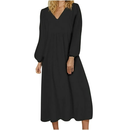 

Floleo Women s Dress Clearance Fall Summer V-Neck Solid Color Loose Casual Fashion Autumn Long Sleeve