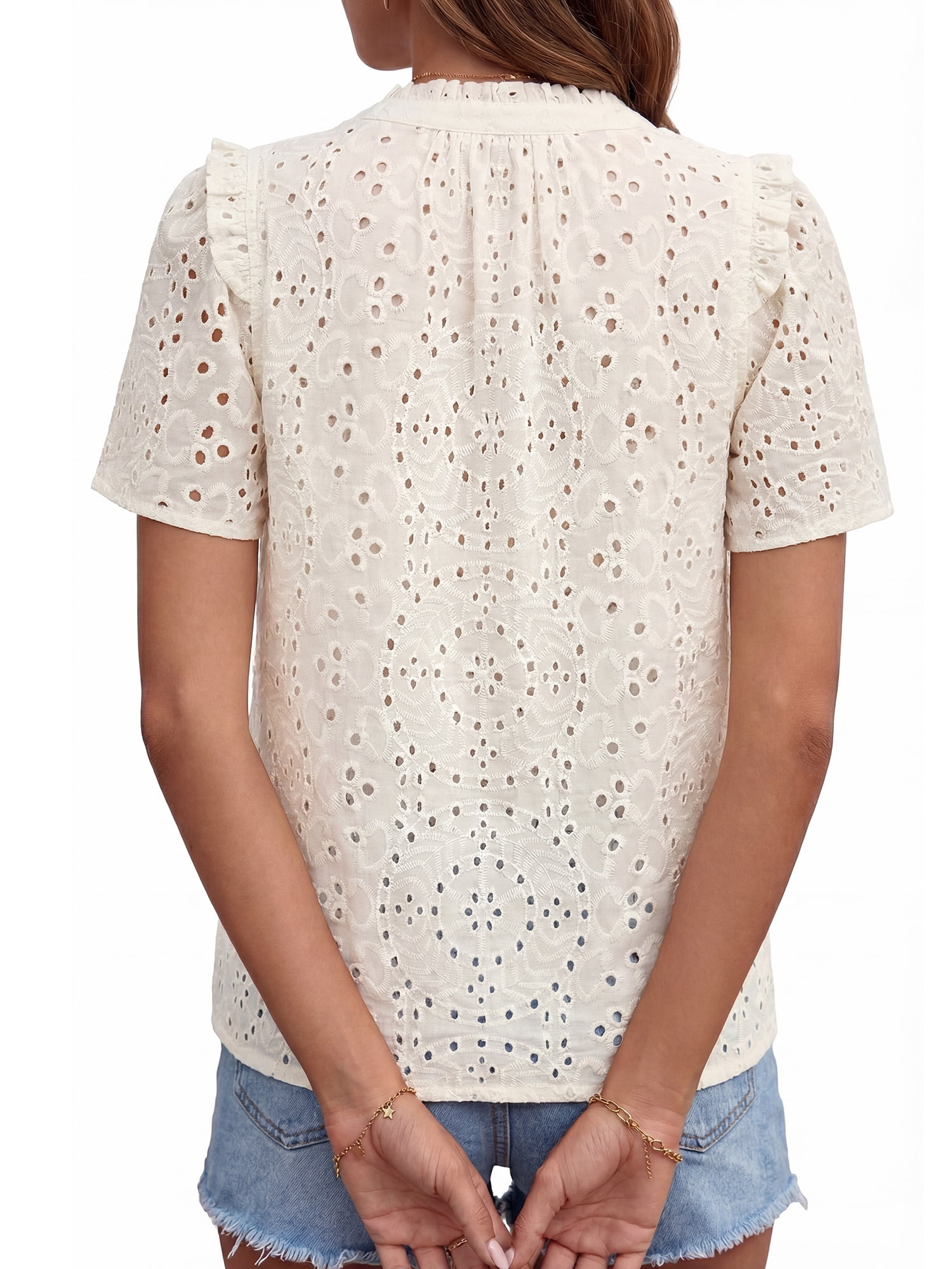 PRETTYGARDEN Women's V Neck Eyelet Short Sleeve Top, Sizes S-XXL