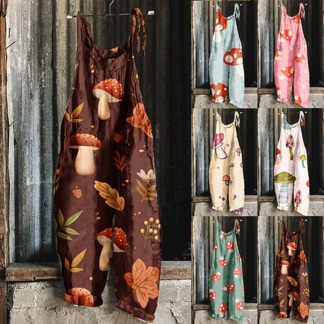 QATAINLAV Salopettes pour Femmes Été Lin Sans Manches Combinaisons Décontractées Bretelle Ajustable Jambe Grand une Pièce Pantalon Tendance Imprimé Champignon Combi Hippie avec Poches Aubaines Prime Brun P