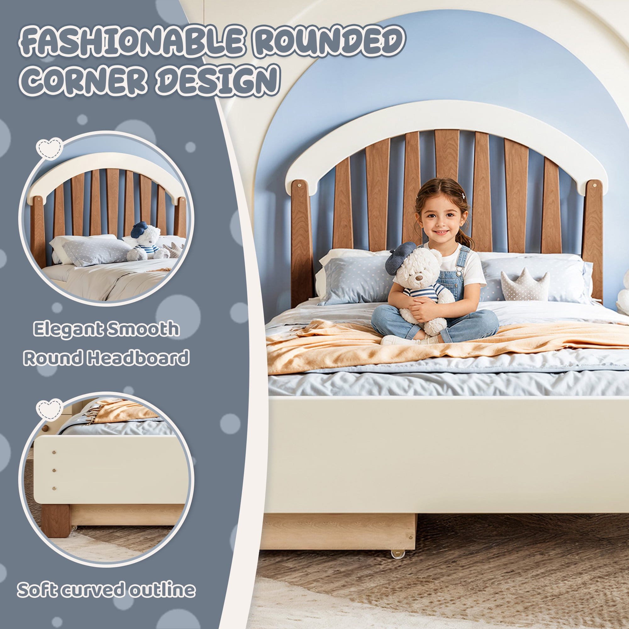 Leumius Twin Size Platformbed Frame with Storage Drawer, Wood Twin Bed Frame with Round Headboard for Bedroom Beige & Deep Natural