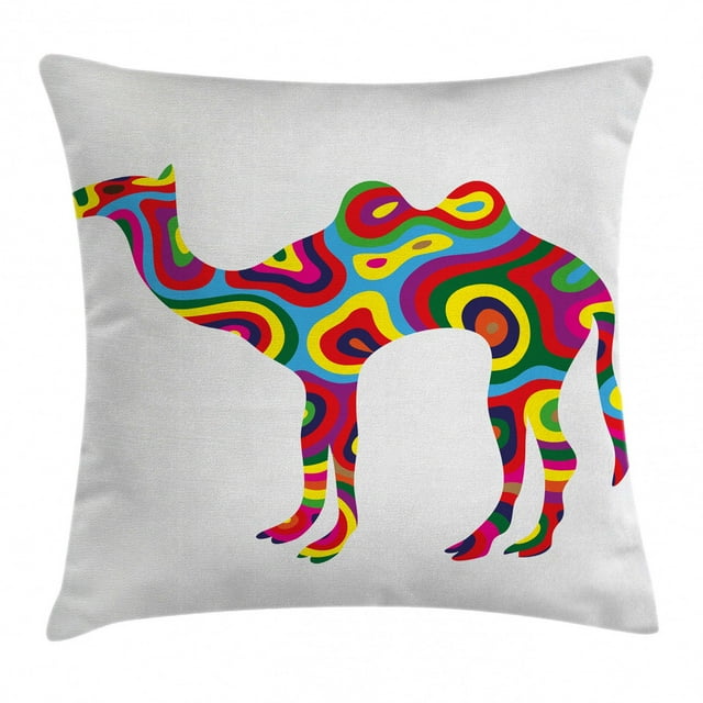 Modern Throw Pillow Cushion Cover, Colorful Featured Camel Figure Abstract Trippy Shapes and Bands Artful Illustration, Decorative Square Accent Pillow Case, 18 X 18 Inches, Multicolor, by Ambesonne