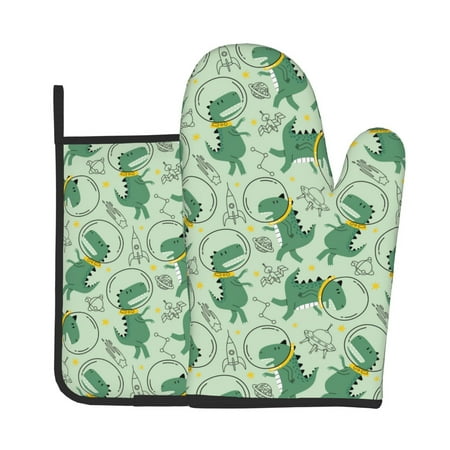 

Jgfou Cute Dinosaurs in Space Pattern Oven Mitts and Pot Holders Sets Heat Resistant Oven Mittens Soft Lining Extra Thicken Long Kitchen Cotton Oven Glove for Cooking