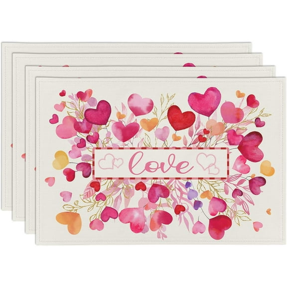 Red Pink Heart Branch Valentine Placemats Set of 4, 12x18 Inch Leaf Table Mats for Home Party Kitchen Dining Decor