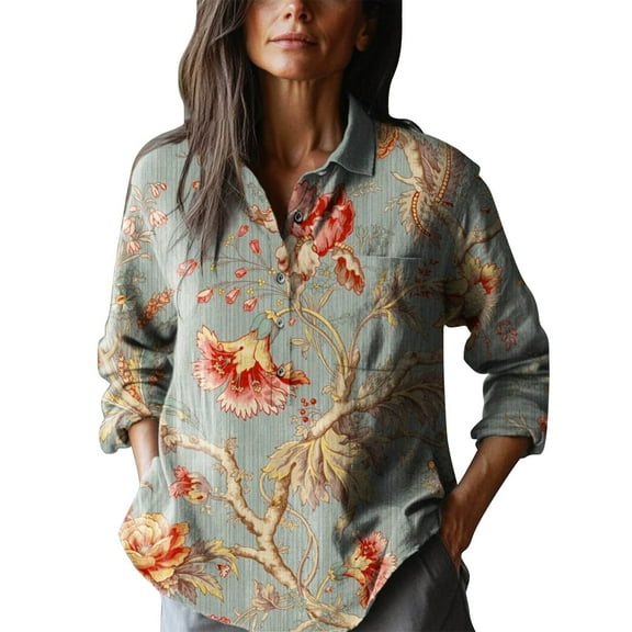 Cqxid525 Ladies Tops And Blouses Women's Retro Floral Art Print Casual Long Sleeve Comfortable Cotton Shirt Blue L Womens Summer Tops