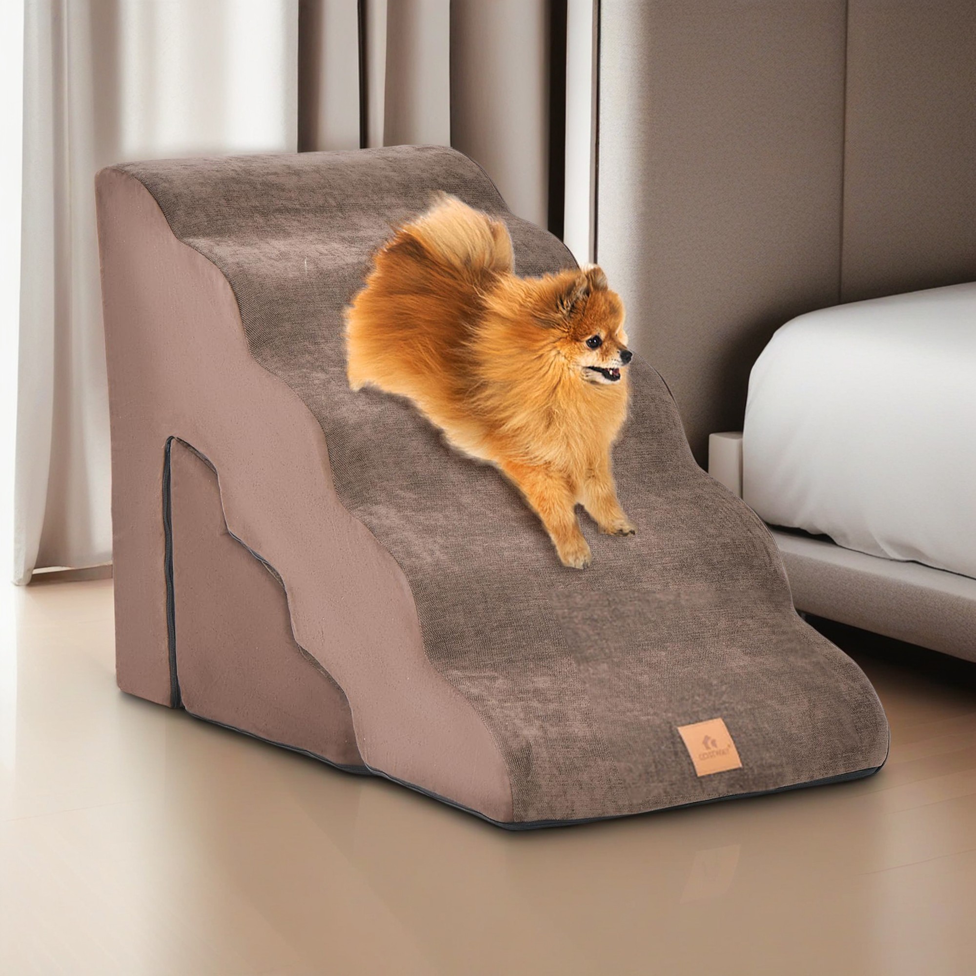 Kadyn 33" 5-Tier Pet Stairs for Small Dogs with Arch, 3-Step Dog Ramp for Beds and Couch, Non-Slip Balanced Indoor Step, Brown