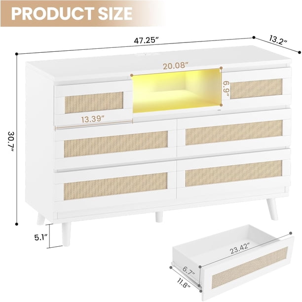 Estilizado para 6-cajón rattan cómoda blanca natural wood chest con rgb LED light y estación de carga ideal para as versatile mesa de TV para dormitorio nursery hallway & sala de estar