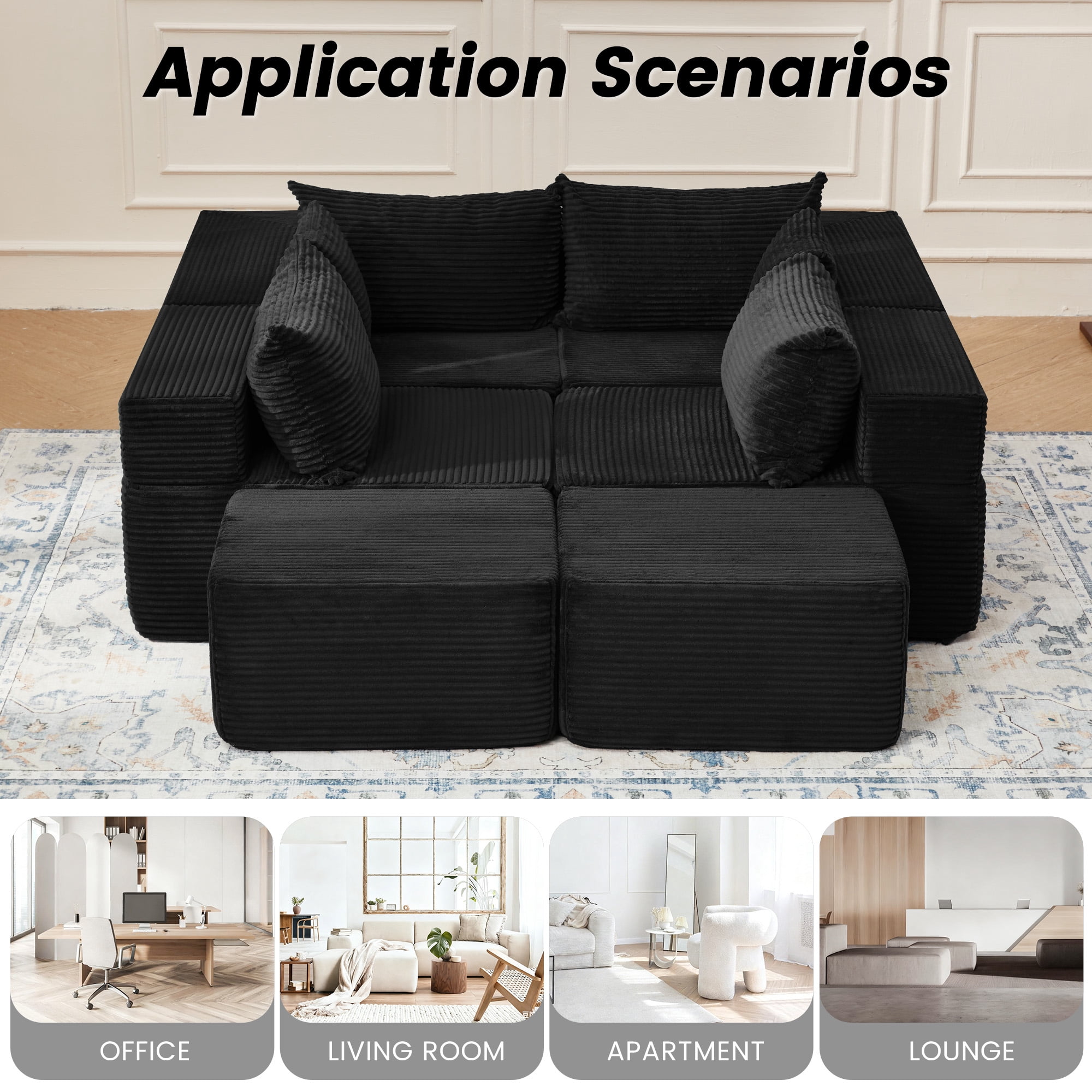Vicluke 131" Cloud Couch Sectional, U Shaped Modern Sofa with 2 Ottomans, Comfy Corduroy Fabric Modular Sectional Sofa in a Box, Boneless Couches for Living Room, No Assembly Required (Black)