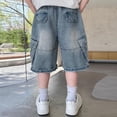 thumbnail image 4 of Maqroz Boys Cargo Denim Shorts Knee Length with Multiple Pockets Elastic Waist Casual Summer Bottoms Faded Wash Loose Fit 5-16 Years, 4 of 6