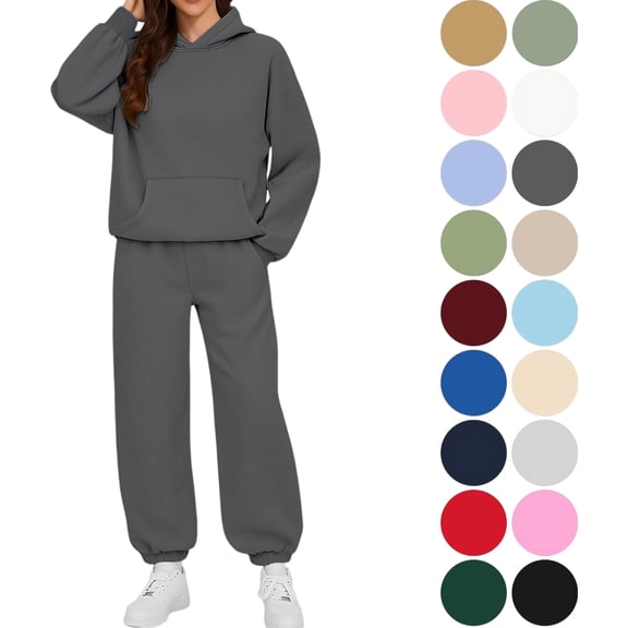 Women's Two Piece Outfits Solid Casual Crew-Neck Long-Sleeved Trousers And Tight-Waist Hoodie Suit Sports Suits
