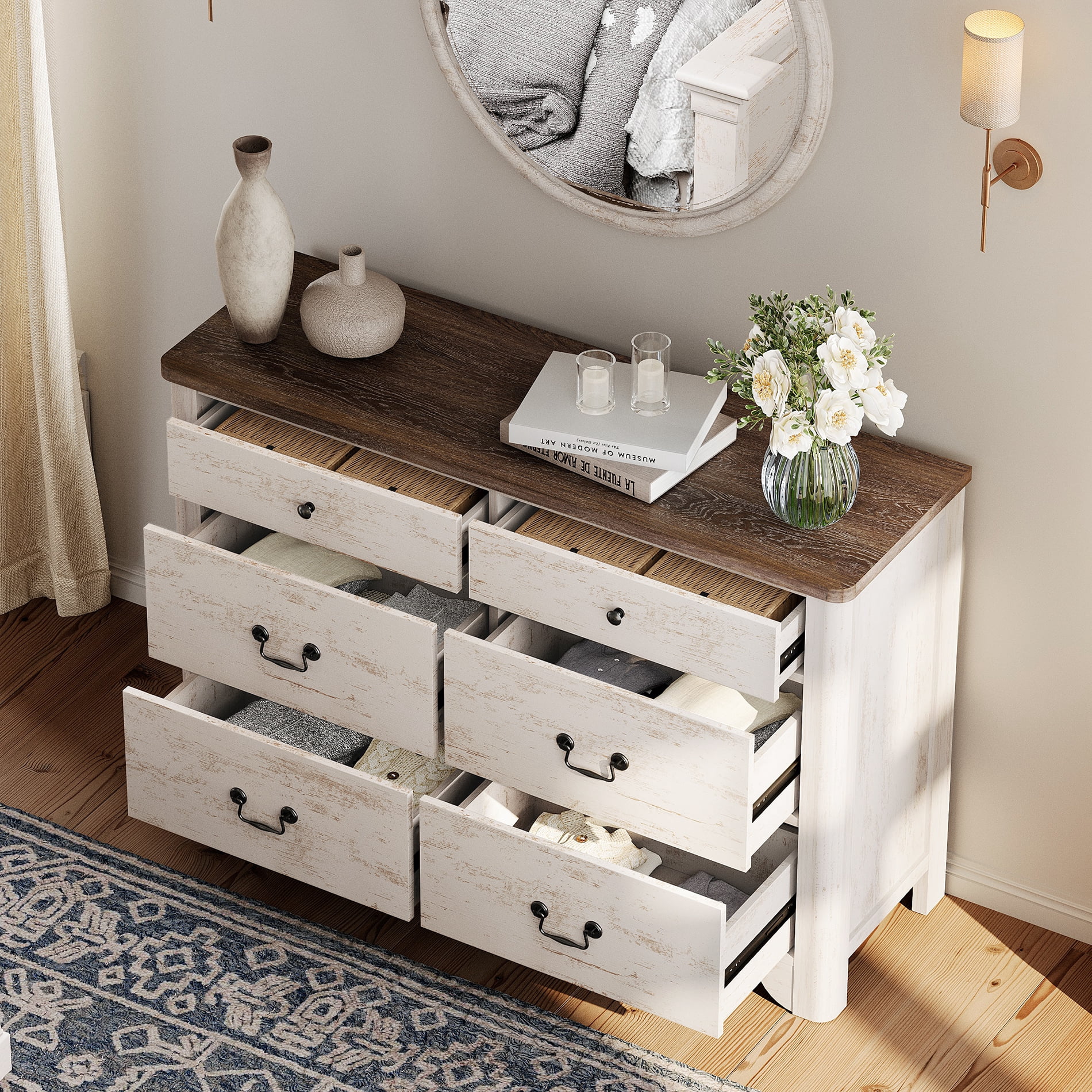 WAMPAT Farmhouse 3-Piece Bedroom Set, 47.2" Wood 6-Drawer Dresser and Nightstand Set of 2 with Charging Station for Bedroom,Living Room,White