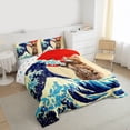 thumbnail image 3 of Feelyou Cartoon Cat Queen Comforter Set, Japanese Ocean Waves Bedding Comforter Set, 3pcs, 3 of 8